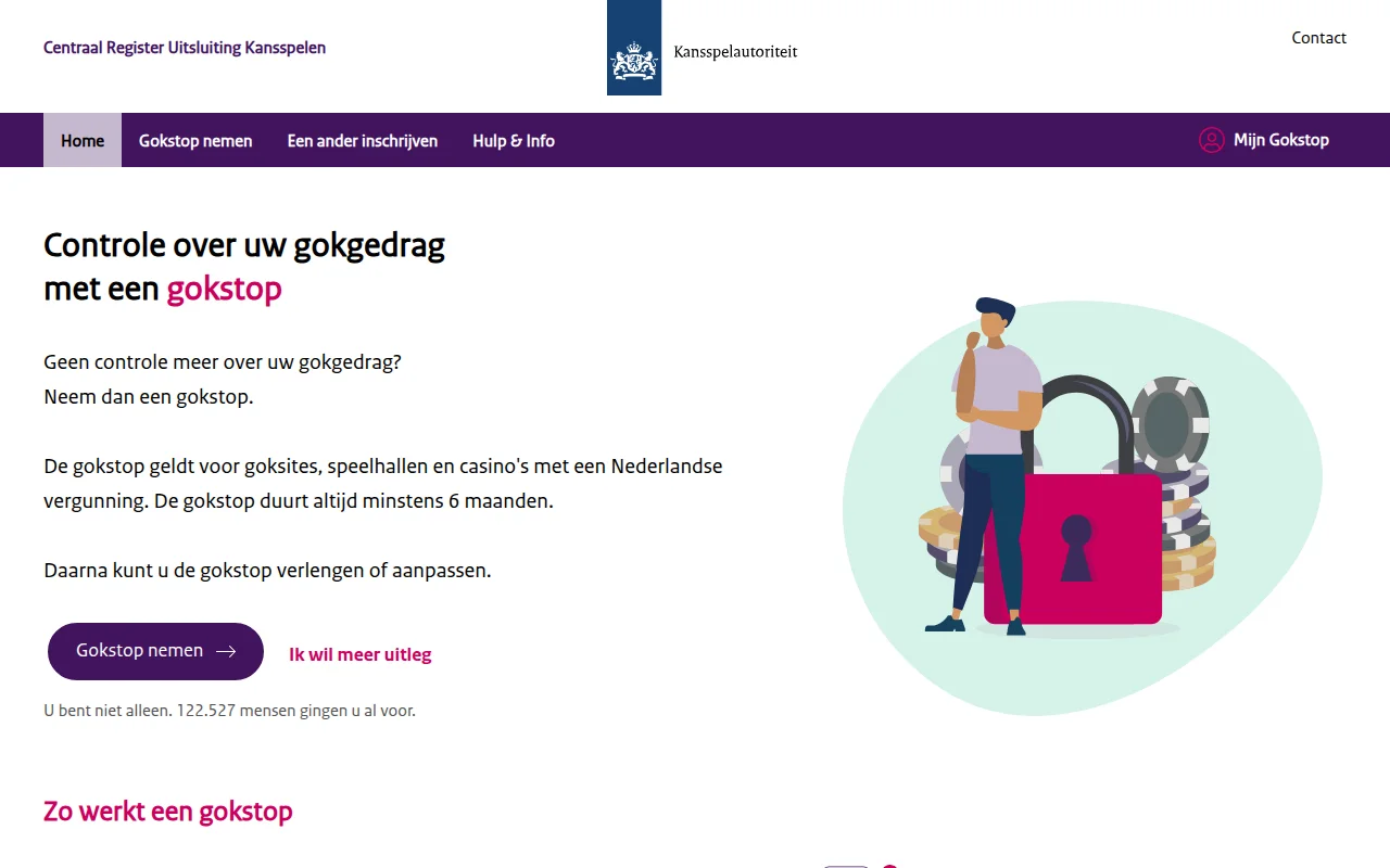 Startpagina van cruksregister.nl met de knop Gokstop nemen en de teller van 122.527 gokstops