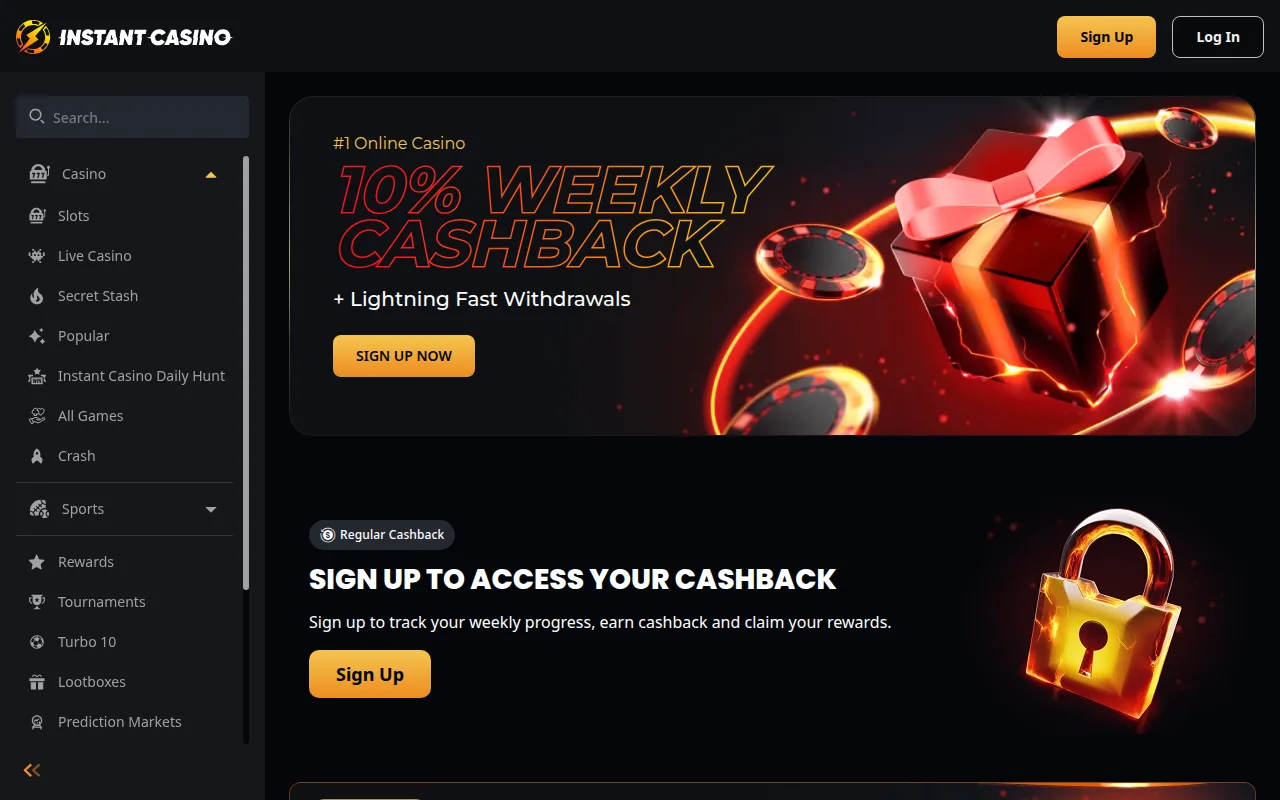Pagina van de 10% wekelijkse cashback van Instant Casino