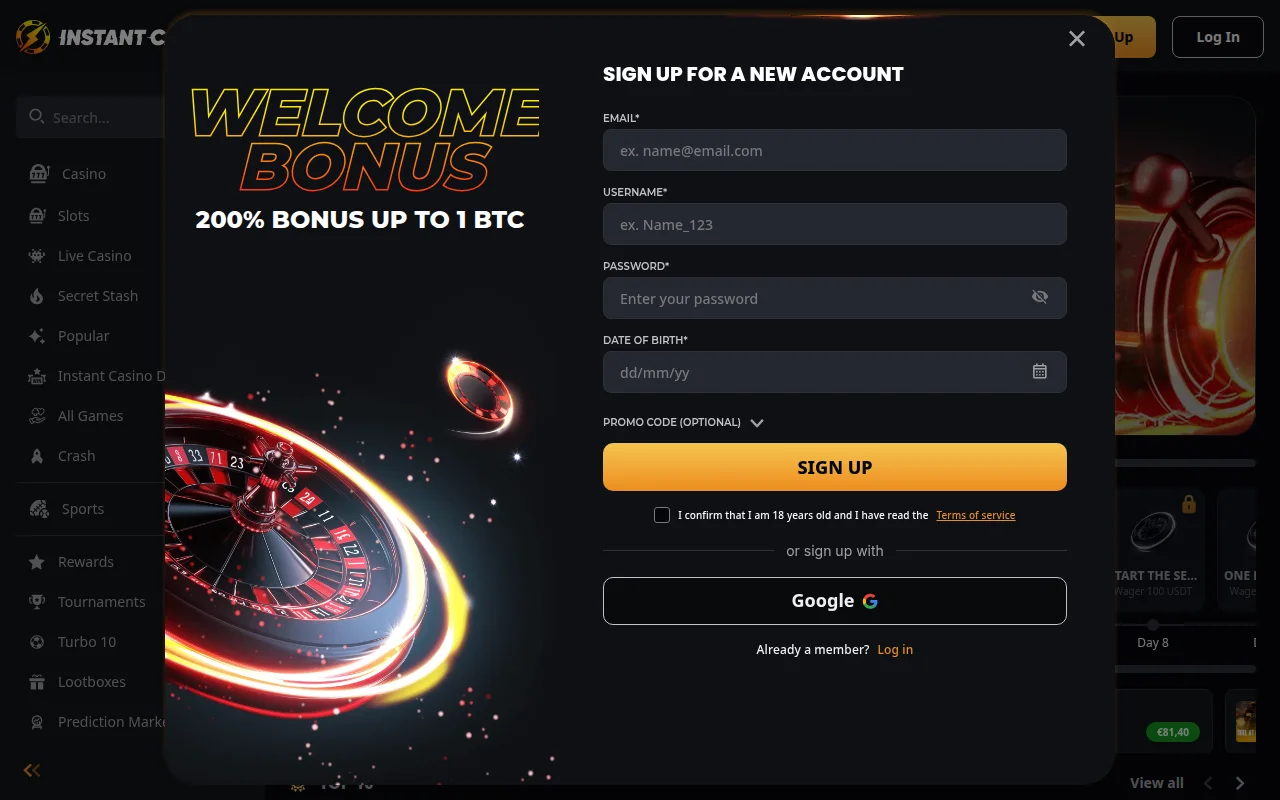Registratieformulier van Instant Casino met e-mail, gebruikersnaam, wachtwoord en geboortedatum