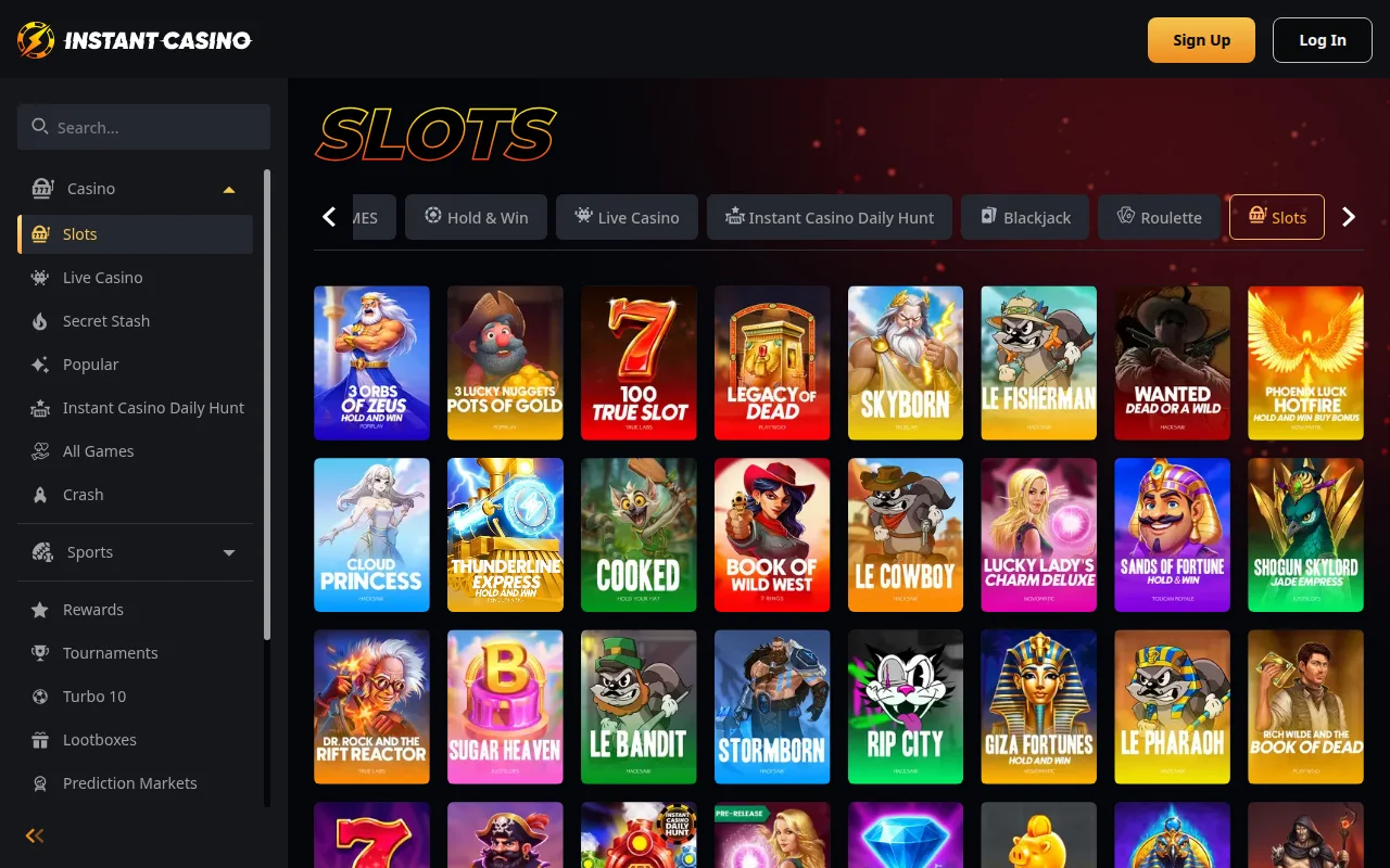Slots-lobby van Instant Casino met onder meer Book of Dead, Legacy of Dead en Le Bandit
