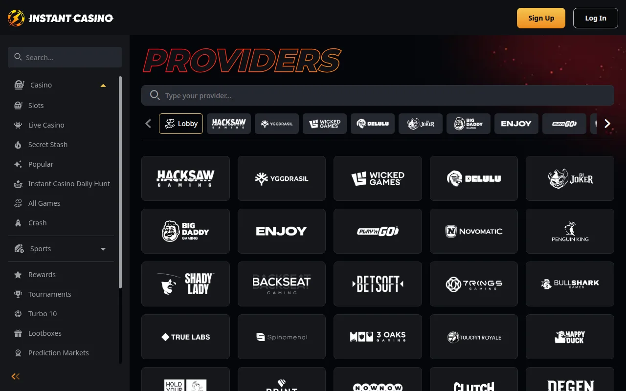 Overzicht van spelproviders bij Instant Casino, waaronder Hacksaw, Yggdrasil, Play'n GO en Novomatic