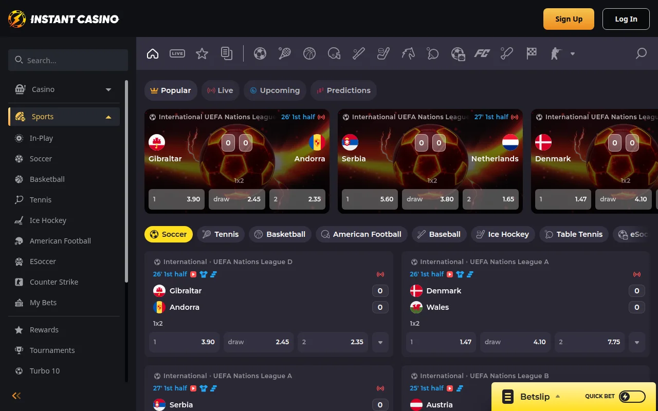 Sportsbook van Instant Casino met live odds voor wedstrijden in de UEFA Nations League
