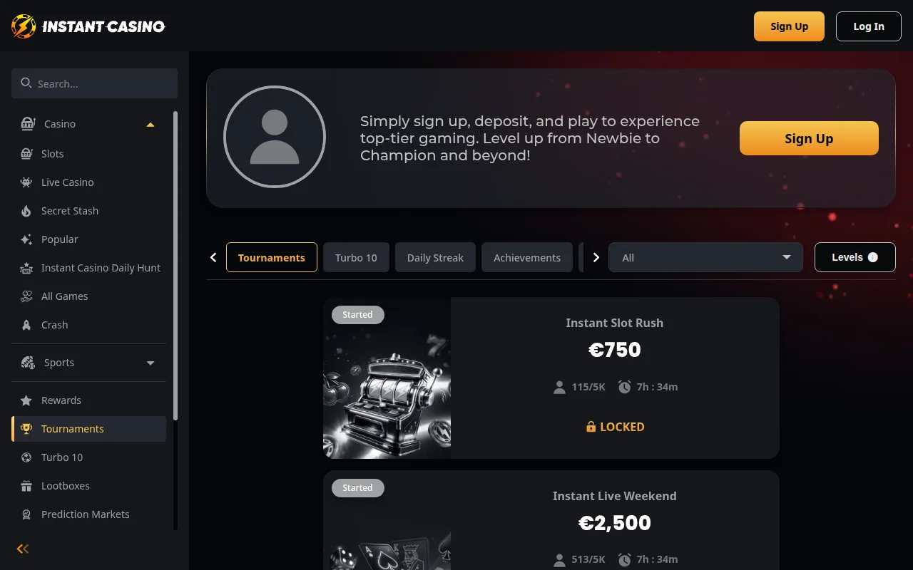 Overzicht van de toernooien bij Instant Casino, met Instant Slot Rush (€750) en Instant Live Weekend (€2.500)