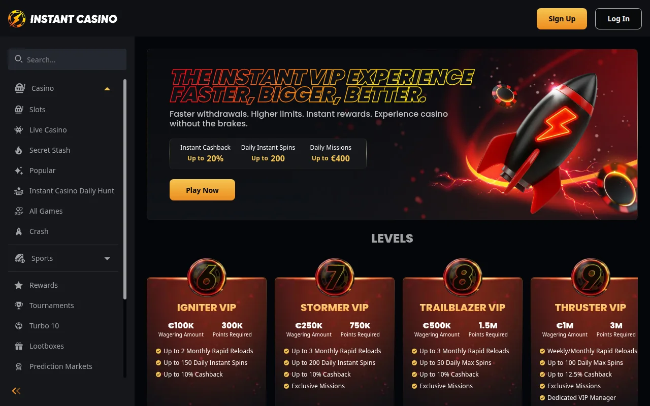 VIP-niveaus van Instant Casino met de vereiste inzet en de voordelen per niveau
